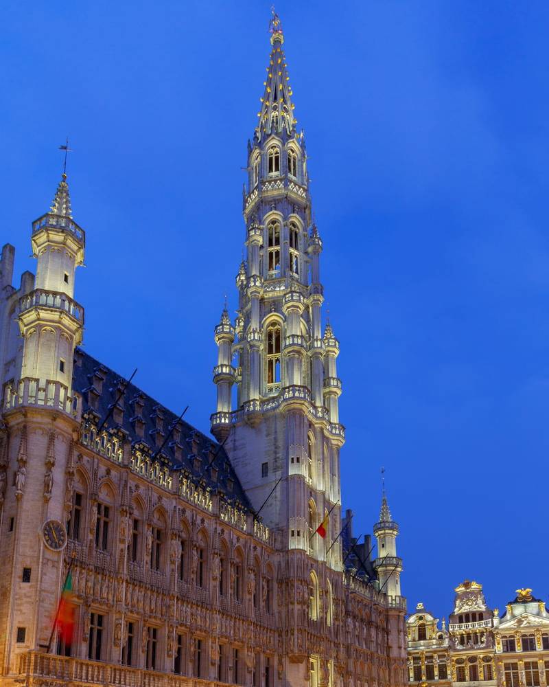 The Gothic tower of Brussels Town Hall on the Grand-Place, Belgium