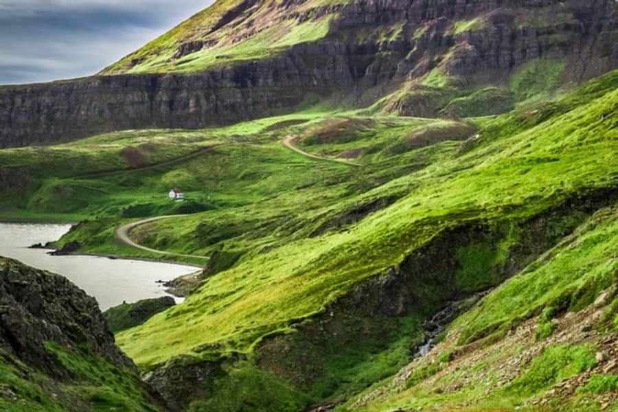 A lone farmhouse in a green fjord beside a winding road, Iceland