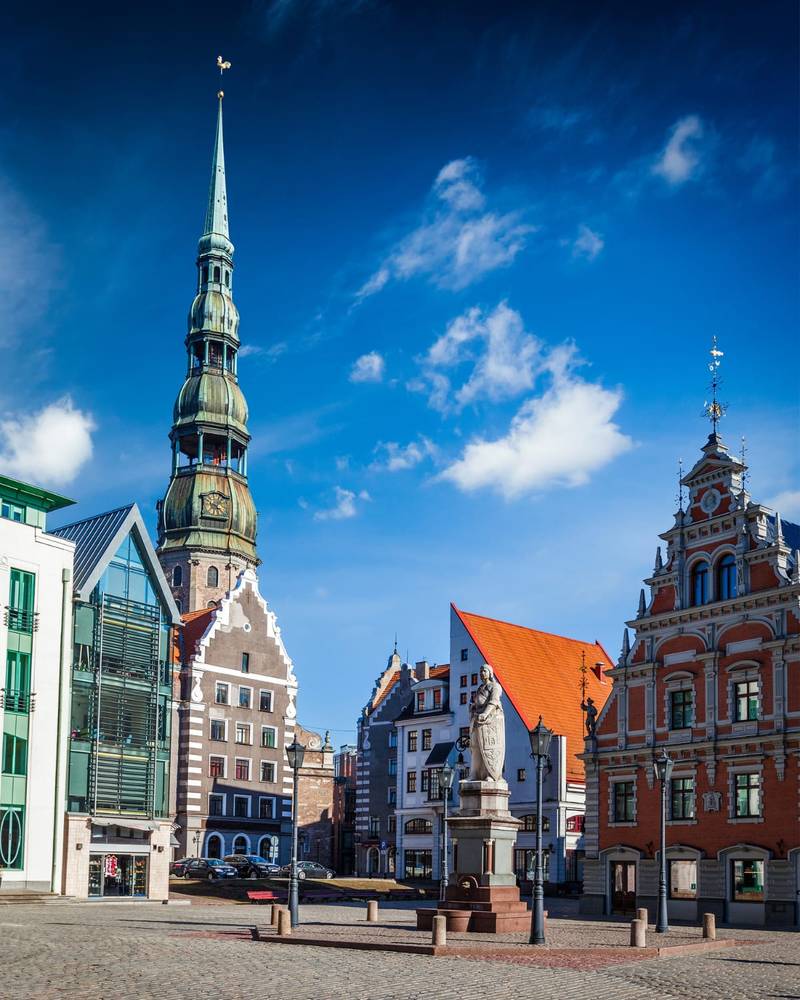 Riga's old town rooftops with the spire of St. Peter's Church, Latvia