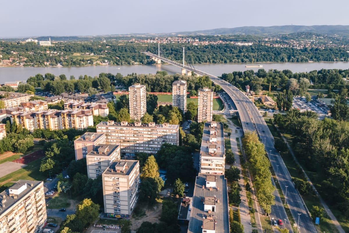 Aerial view of the Liman apartment blocks beside the Danube and the Liberty Bridge in Novi Sad.